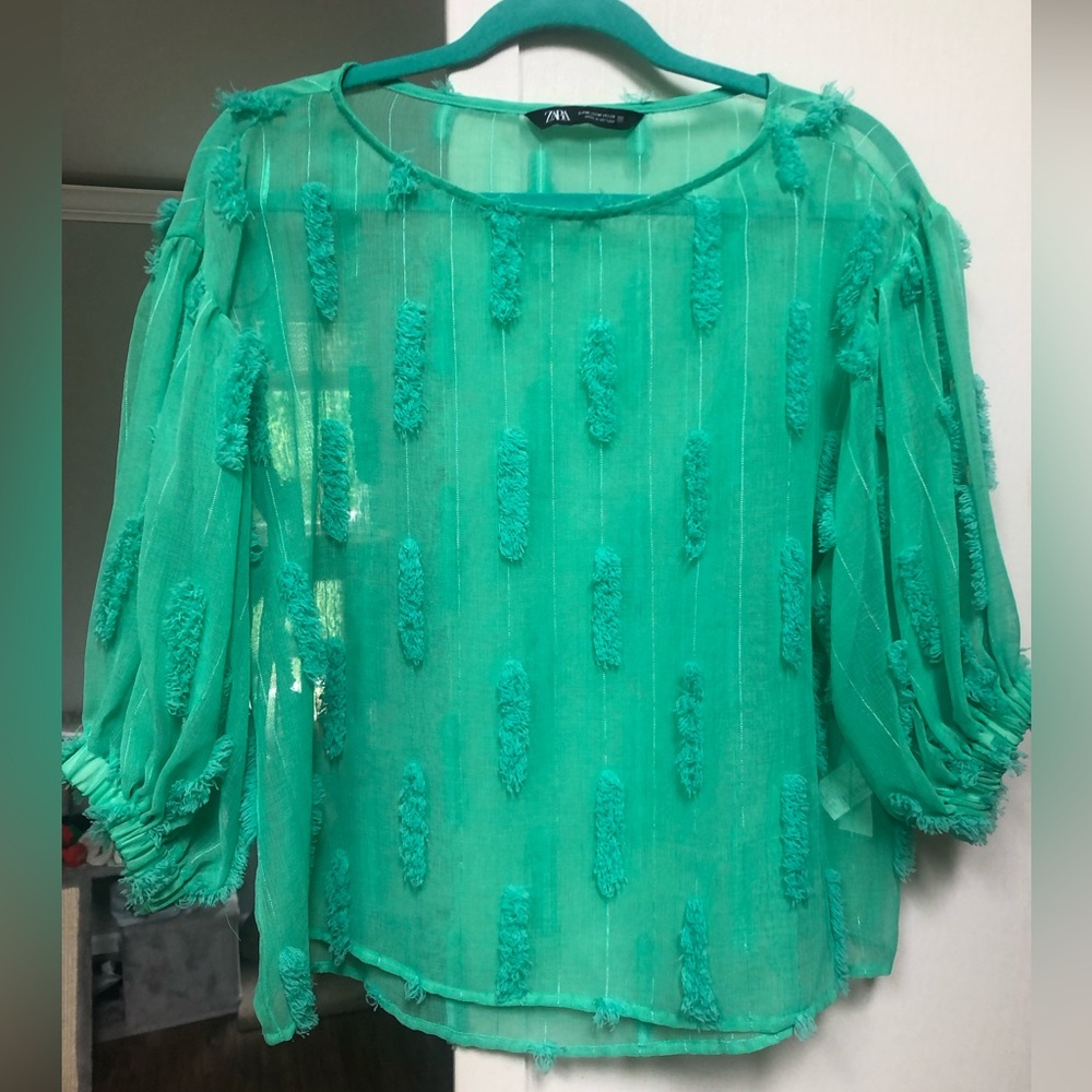 Zara Teal Textured Sheer Blouse